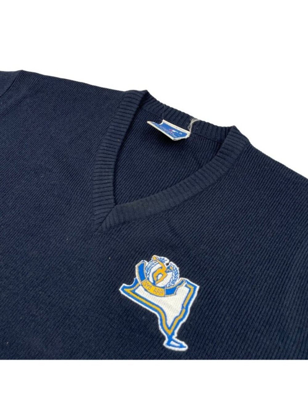 VTG NYS AAA x Champion Men's 100% Acrylic V-Neck Sweater Navy Blue • XL